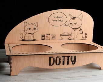Comedero de madera personalizado con dos cuencos para gatos. Bandeja para la alimentación de su mascota. El nombre personalizado de su mascota es opcional y está disponible