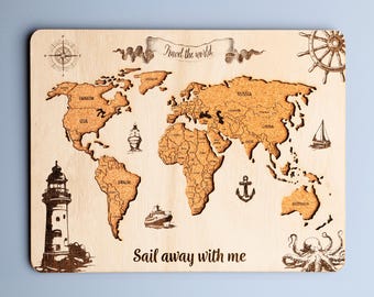 Arte mural con mapa de viajes náuticos: mapa del mundo grande de madera y corcho con chinchetas para trotamundos