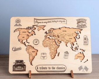 Tablero de corcho con mapa del mundo personalizado, arte clásico para amantes de los automóviles. Personalice su espacio con un tablero de corcho con mapa del mundo; recuerdo de viaje para fanáticos de las carreras