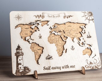 Mapa del mundo de madera personalizado con chincheta, planificador de viajes, arte de pared, impresión náutica, grabado en corcho, exhibición de madera vintage, idea de regalo para él o ella