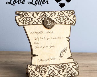 Carta de amor personalizada grabada en madera, romántica, en color natural o dorado para aniversarios, San Valentín, bodas o regalos emotivos.