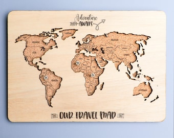 Mapa mundial personalizado con chinchetas, tablero de corcho personalizado, planificador de viajes, mapa de viaje de madera, idea de regalo para él o ella
