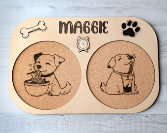 Soporte de madera y corcho personalizado. Bandeja para la alimentación de tu mascota. El retrato personalizado es opcional y está disponible