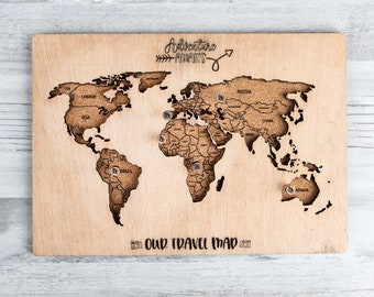 Push Pin World Map, Push Pin Map, World Map Pin Board, Cork World Map,  Weltkarte, Personalized Gift, Detailed Names, Grey, Blue 