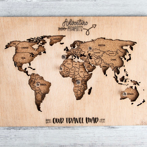 Unique Custom World Map Pin Wall Art, Discover Personalized, FREE Pins, Cork Board for Adventurers, Wooden Travel Map, Pin Board Decor