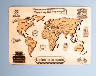 Mapa del mundo personalizado con chincheta, arte de pared de coches clásicos, tablero de corcho personalizado, planificador de viaje, mapa de viaje de madera, idea de regalo para amantes de las carreras