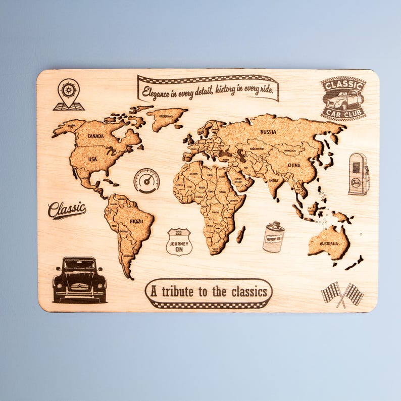 Custom World Map Push Pin Classic Cars Wall Art Personalized Cork Board