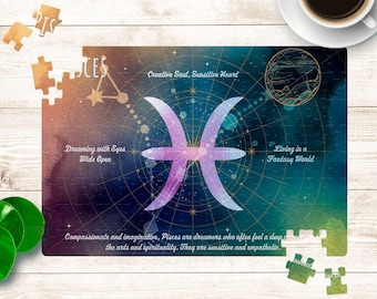 Rompecabezas de Piscis: rompecabezas del zodíaco de 120 o 252 piezas, regalo de astrología, actividad familiar divertida, decoración del hogar, idea de regalo única