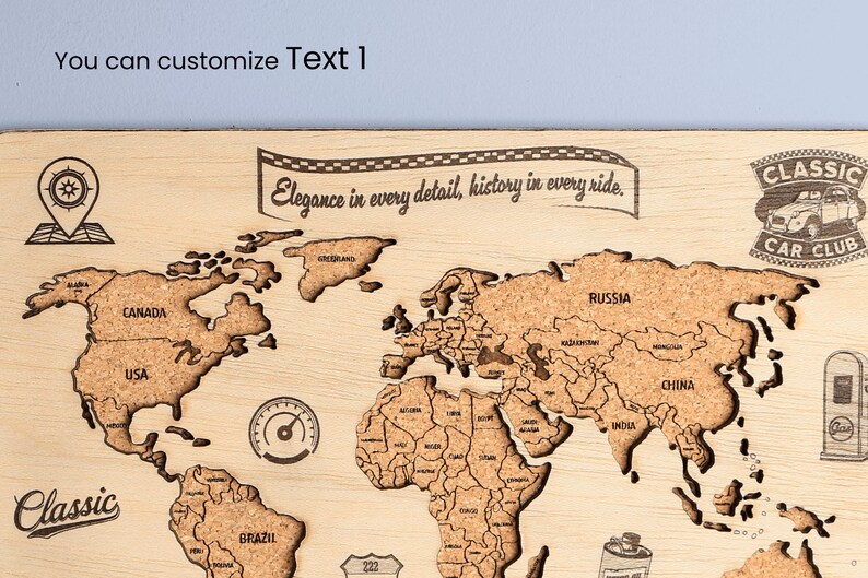 Custom World Map Push Pin Classic Cars Wall Art Personalized Cork Board
