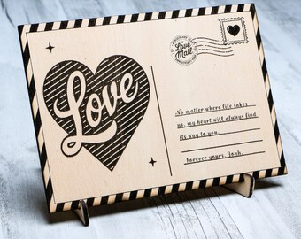 Postal grabada en madera personalizada: regalo personalizado para el día de San Valentín con imagen, día de San Valentín, bodas o regalos emotivos.