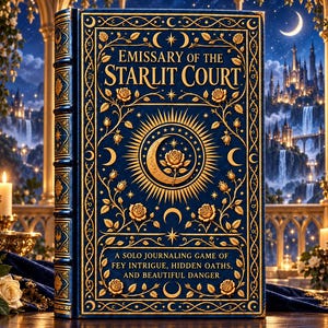 Puede incluir: Un libro de tapa dura azul oscuro titulado Emissary of the Starlit Court, con patrones florales dorados en relieve, un diseño central de rosa y luna creciente, y el subtítulo A Solo Journaling Game of Fey Intrigue, Hidden Oaths, and Beautiful Danger.
