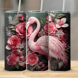 Pink Flamingo Tumbler 20oz Skinny Tumbler Sublimation Flowers Design Straight Tapered Wrap Instant Digital Download PNG 300 DPI
