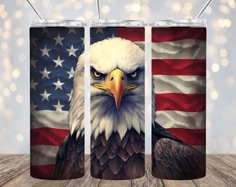 Bald Eagle Tumbler Wrap 20oz Skinny PNG | Patriotic American Flag Sublimation Design | Straight & Tapered | Digital Download