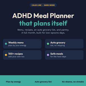 ADHD Meal Planner Dark Mode Google Sheets, Weekly Menu Auto Grocery List Recipe Bank Pantry, Neurodivergent Meal Prep Excel Template