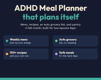 Planificateur de repas TDAH en mode sombre, feuilles Google, menu hebdomadaire, liste d'épicerie automatique, banque de recettes, garde-manger, modèle Excel de préparation de repas neurodivergent