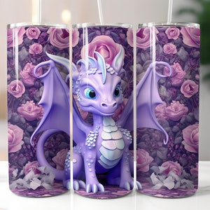 Enchanting Purple Floral Dragon Tumbler Sublimation Design - PNG Instant Download Skinny Tumbler Sublimation Design Straight & Tapered Wrap