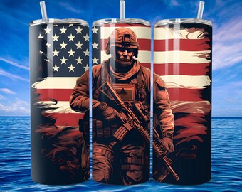 Military Tumbler 20oz Sublimation Design Military Tumbler Wrap USA Flag American Soldier Straight & Tapered  Design Digital Download PNG
