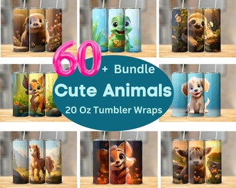 Cute Animals Mega Bundle 20oz Tumbler Sublimation Designs 60+ Straight & 60+ Tapered Skinny Baby Animal Tumbler Wraps PNG