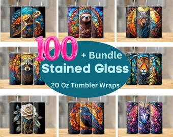 Stained Glass Tumbler Bundle 20oz Skinny Tumbler Straight & Tapered PNG High-Resolution Commercial Use 100+ Stained Glass PNG Digital Paper