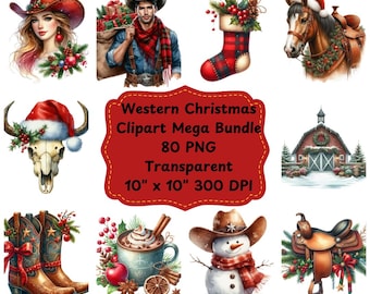 Kerst westerse clipart, 80 aquarel wilde westen bundel, cowgirl, cowboy, kerstman, Western Xmas PNG, vakantie clipart, digitale download