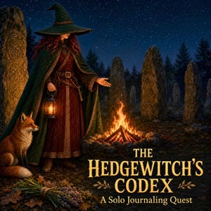 Könnte beinhalten: Ein Buchcover mit dem Titel The Hedgewitch's Codex: A Solo Journaling Quest, das eine Person in einem grünen Umhang und Spitzhut mit einer Laterne an einem Lagerfeuer, einen Fuchs und Steine unter einem Sternenhimmel mit goldenem Text zeigt.