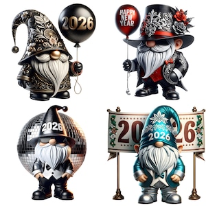 New Year 2026 Gnomes Clipart PNG Bundle | Cute Holiday Gnomes with Balloons Disco Hats & Fireworks | Sublimation PNG 12 Images image 6