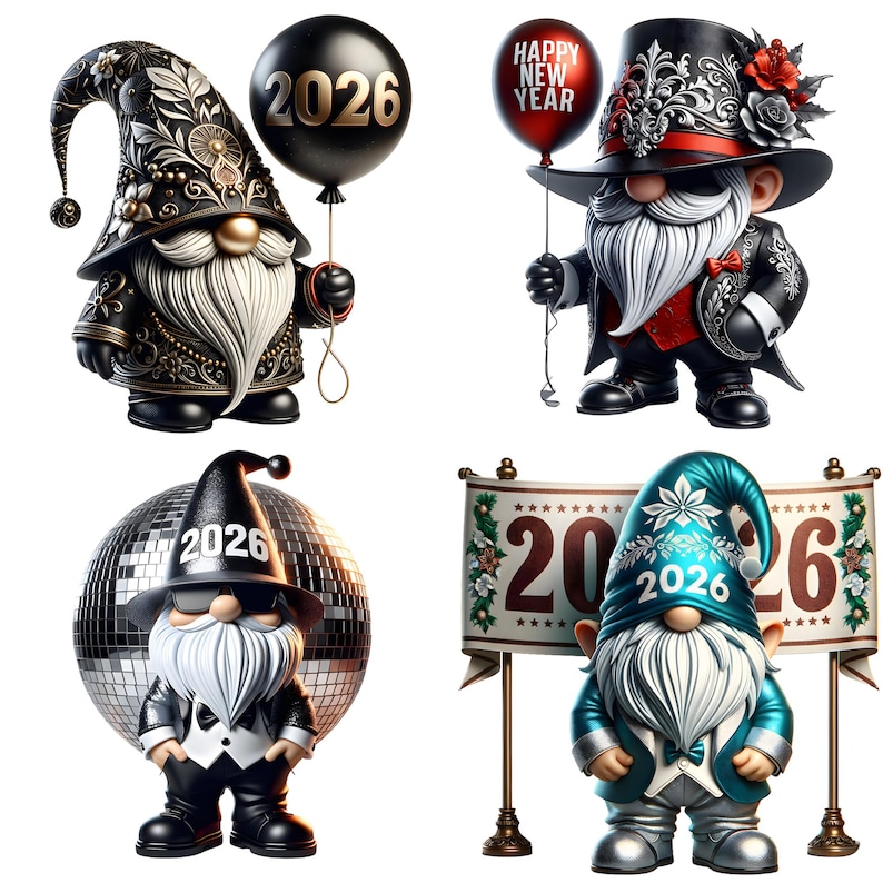 New Year 2026 Gnomes Clipart PNG Bundle | Cute Holiday Gnomes with Balloons Disco Hats & Fireworks | Sublimation PNG 12 Images image 6