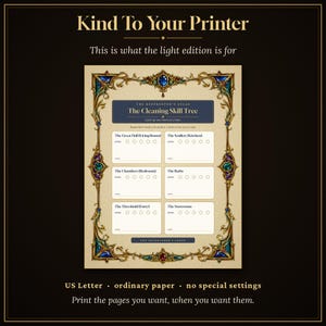 May include: A printable cleaning skill tree chart on parchment-style paper with an ornate gold, blue, and red jewel-toned border. The text includes 'Kind To Your Printer', 'The Cleaning Skill Tree', and sections for rooms like 'The Great Hall' and 'The Scullery'.