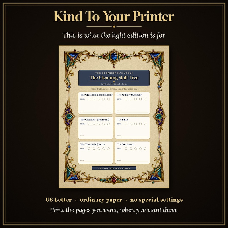 May include: A printable cleaning skill tree chart on parchment-style paper with an ornate gold, blue, and red jewel-toned border. The text includes 'Kind To Your Printer', 'The Cleaning Skill Tree', and sections for rooms like 'The Great Hall' and 'The Scullery'.