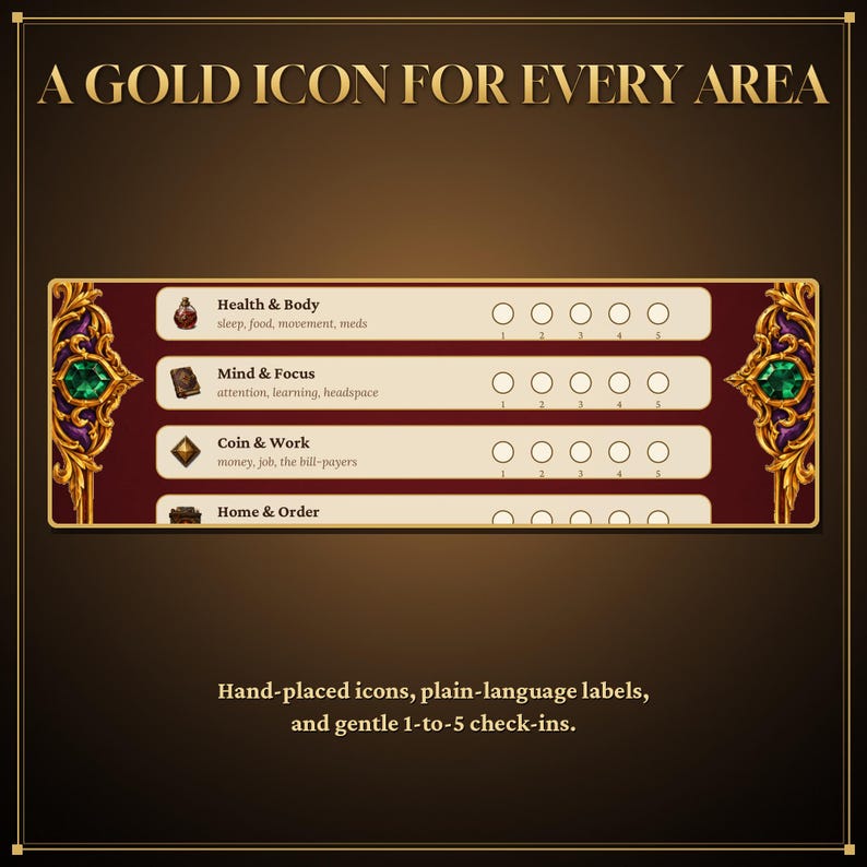 May include: A dark red rectangular tracker with gold ornate borders and green gems. It features rows labeled Health & Body, Mind & Focus, Coin & Work, and Home & Order, each with five circular check-in spots. Text reads A GOLD ICON FOR EVERY AREA.