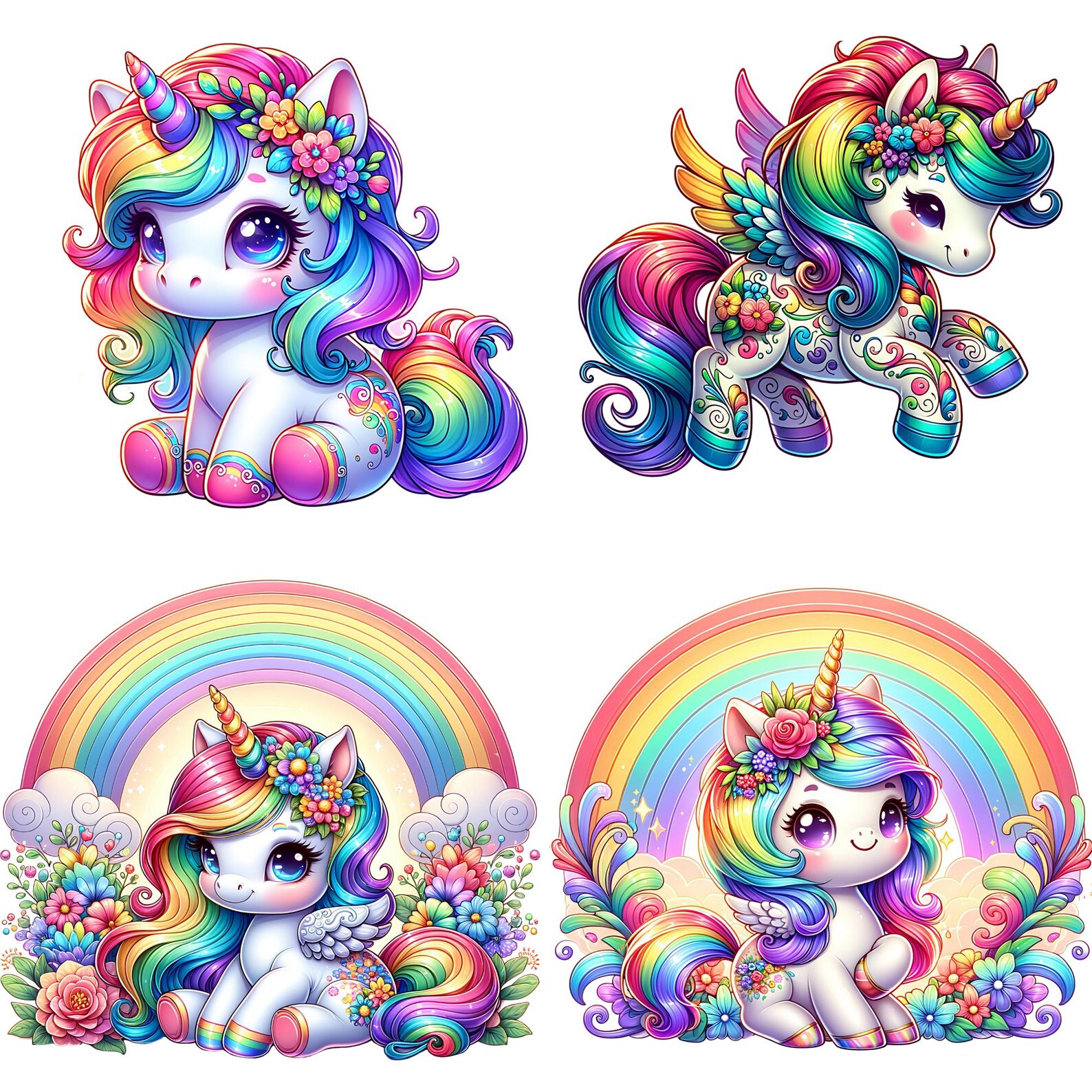 Watercolor Baby Unicorn 24 PNG Clipart Bundle, Unicorn Clipart, Rainbow ...