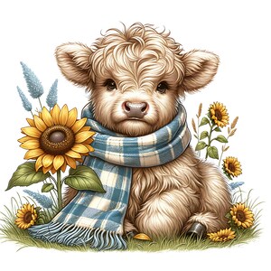 Coleção de vacas das terras altas de girassol, pacote de clipart em aquarela, 20 PNG, clipart de girassóis de primavera, pacote de clipart de vaca bebê fofo, uso comercial