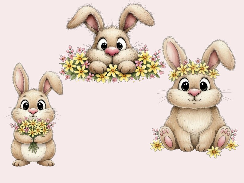 Whimsical Bunny Clipart Bundle PNG Cute Easter Bunny With Flowers ...