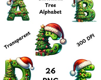 Christmas Alphabet, Christmas Tree Alphabet, Letters png, Alphabet png, Alphabet Clipart, Commercial Use, Junk Journals, Cartoon Christmas