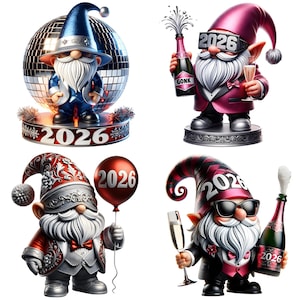 New Year 2026 Gnomes Clipart PNG Bundle | Cute Holiday Gnomes with Balloons Disco Hats & Fireworks | Sublimation PNG 12 Images image 7