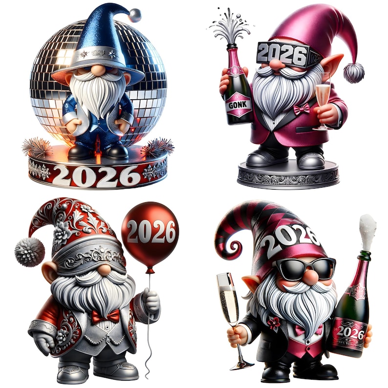 New Year 2026 Gnomes Clipart PNG Bundle | Cute Holiday Gnomes with Balloons Disco Hats & Fireworks | Sublimation PNG 12 Images image 7