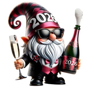 New Year 2026 Gnomes Clipart PNG Bundle | Cute Holiday Gnomes with Balloons Disco Hats & Fireworks | Sublimation PNG 12 Images image 9