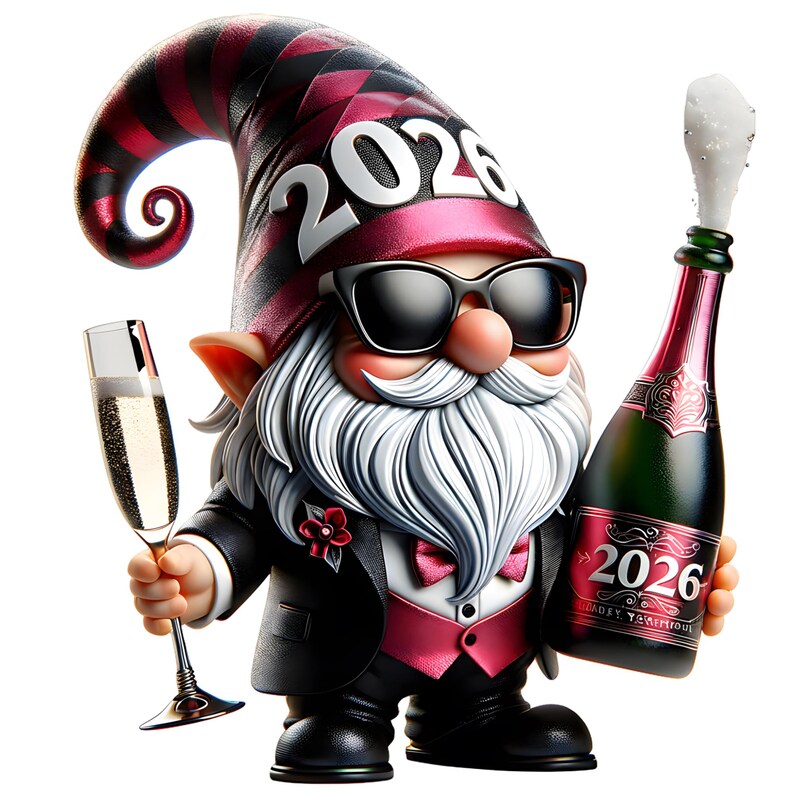 New Year 2026 Gnomes Clipart PNG Bundle | Cute Holiday Gnomes with Balloons Disco Hats & Fireworks | Sublimation PNG 12 Images image 9