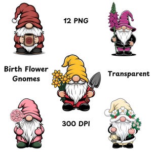 Birth Flower Gnome Clipart Bundle | 12 Month Flower Gnomes PNG | Cute Floral Gnome Graphics for Birthday Crafts, Cards & Gifts