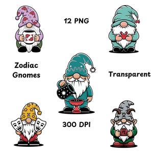 Zodiac Gnome Clipart Bundle PNG – 12 Astrology Sign Gnomes | Horoscope Gnome PNGs | Transparent Background | Digital Download