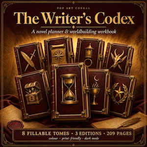 Pode incluir: Uma coleção de oito livros encadernados em couro vermelho escuro intitulados The Writer's Codex: A novel planner & worldbuilding workbook. Cada livro apresenta um emblema dourado único, incluindo uma pena, bússola, lanterna, crânio, baú, ampulheta, cálice e estrela.