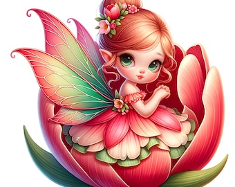 May include: A fairy with red hair and green wings sits inside a pink flower. She is wearing a pink dress and has a flower crown on her head.