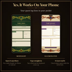 May include: Two smartphone screens display digital quest logs titled The Quest Ledger and The Sanctuary Scroll. The Midnight version features a dark green theme with gold filigree, while the Illuminated version uses a cream and purple palette.