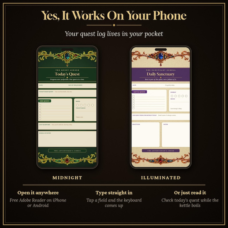 May include: Two smartphone screens display digital quest logs titled The Quest Ledger and The Sanctuary Scroll. The Midnight version features a dark green theme with gold filigree, while the Illuminated version uses a cream and purple palette.