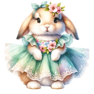Watercolor Bunny Clipart 12 Flower Dress, Easter Bunny, Nursery Art Spring Floral Bouquets, Nursery Decor Cute Baby Animals, Transparent PNG