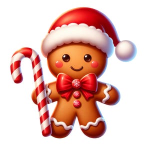 May include: A gingerbread person wearing a red and white Santa hat holds a red and white candy cane. The gingerbread person has a smiling face with rosy cheeks and a red bow tie.