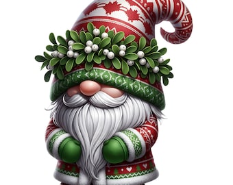 May include: A festive gnome illustration with a long white beard, wearing a red and white patterned hat and coat. The gnome has a green and white patterned hat brim and green gloves. A wreath of green leaves and white berries adorns the gnome's head.