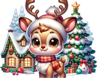 Adorabile renna clipart natalizia, clipart di cervo natalizio acquerello, 25 simpatici png di renne natalizie, simpatici cervi dei cartoni animati, uso commerciale