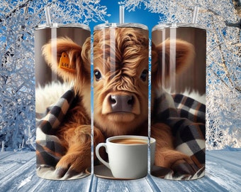 Baby Highland Cow Tumbler Wrap Highland Cow con taza de café 20 oz Skinny Tumbler Descarga digital PNG, Subliminación recta y cónica