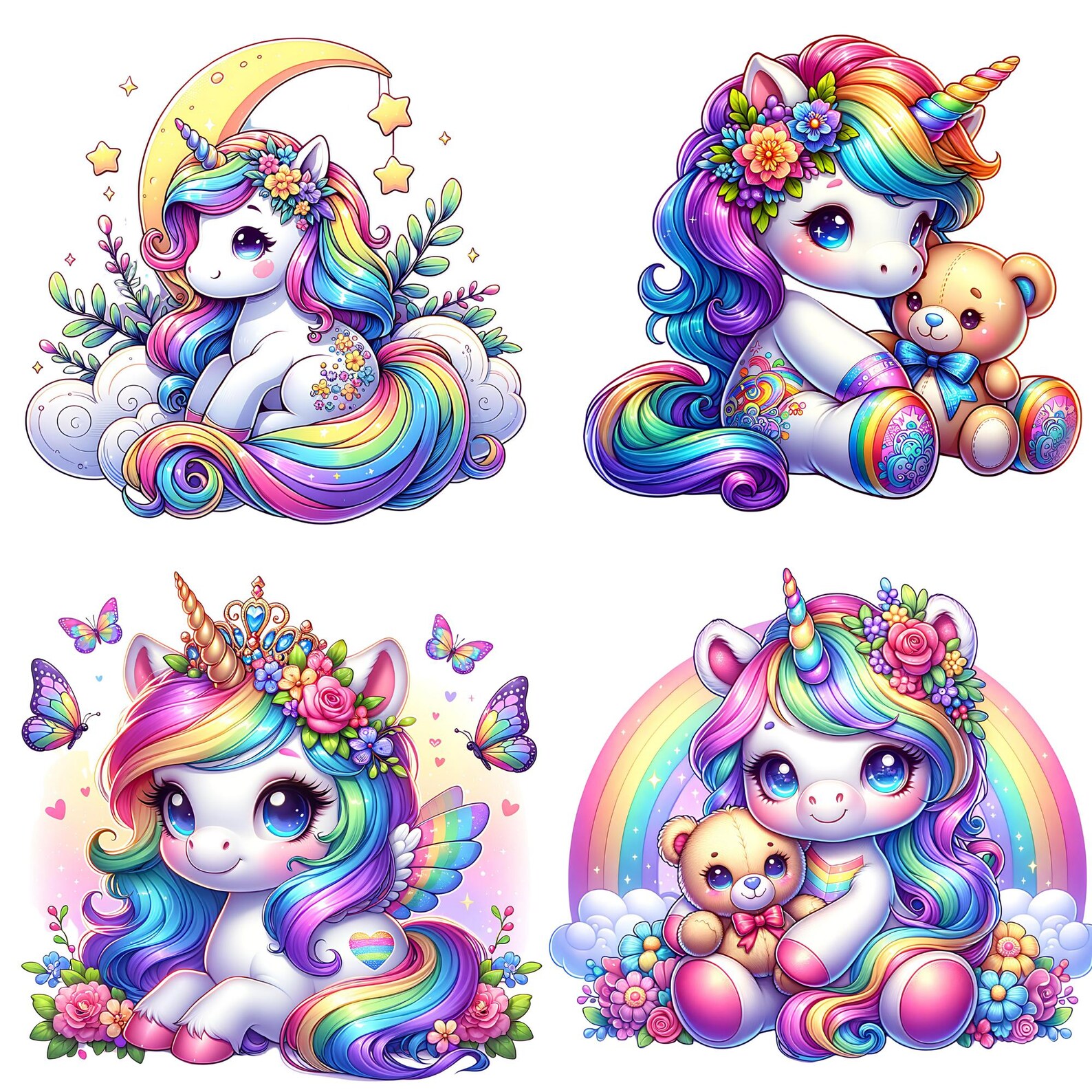 Watercolor Baby Unicorn 24 PNG Clipart Bundle, Unicorn Clipart, Rainbow ...